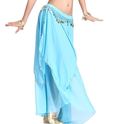 ZLTdream Belly Dance Chiffon Skirt with Gold Coins Belly Dancer Dancing Costume for Girls and Women Halloween Rave Outfits Light Blue - Image 3