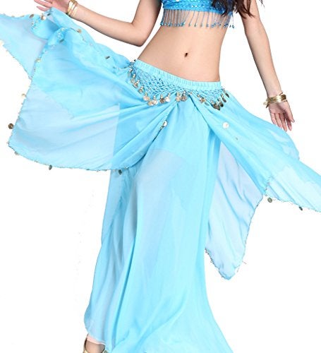 ZLTdream Belly Dance Chiffon Skirt with Gold Coins Belly Dancer Dancing Costume for Girls and Women Halloween Rave Outfits Light Blue - Image 4