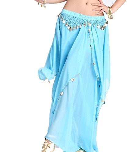 ZLTdream Belly Dance Chiffon Skirt with Gold Coins Belly Dancer Dancing Costume for Girls and Women Halloween Rave Outfits Light Blue - Image 1