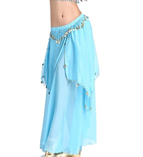 ZLTdream Belly Dance Chiffon Skirt with Gold Coins Belly Dancer Dancing Costume for Girls and Women Halloween Rave Outfits Light Blue - Image 5