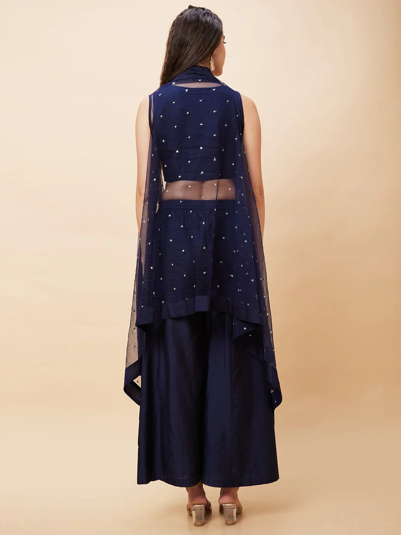 جلو باص Women Embroidered Ethnic Crop Top With Longline Shrug & Palazzos