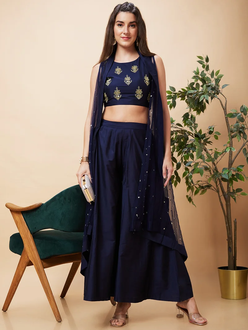 جلو باص Women Embroidered Ethnic Crop Top With Longline Shrug & Palazzos