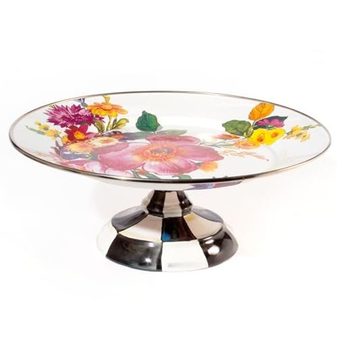 MACKENZIE-CHILDS Enamel Pedestal Platter, Round Cake Stand, Small White Flower Market
