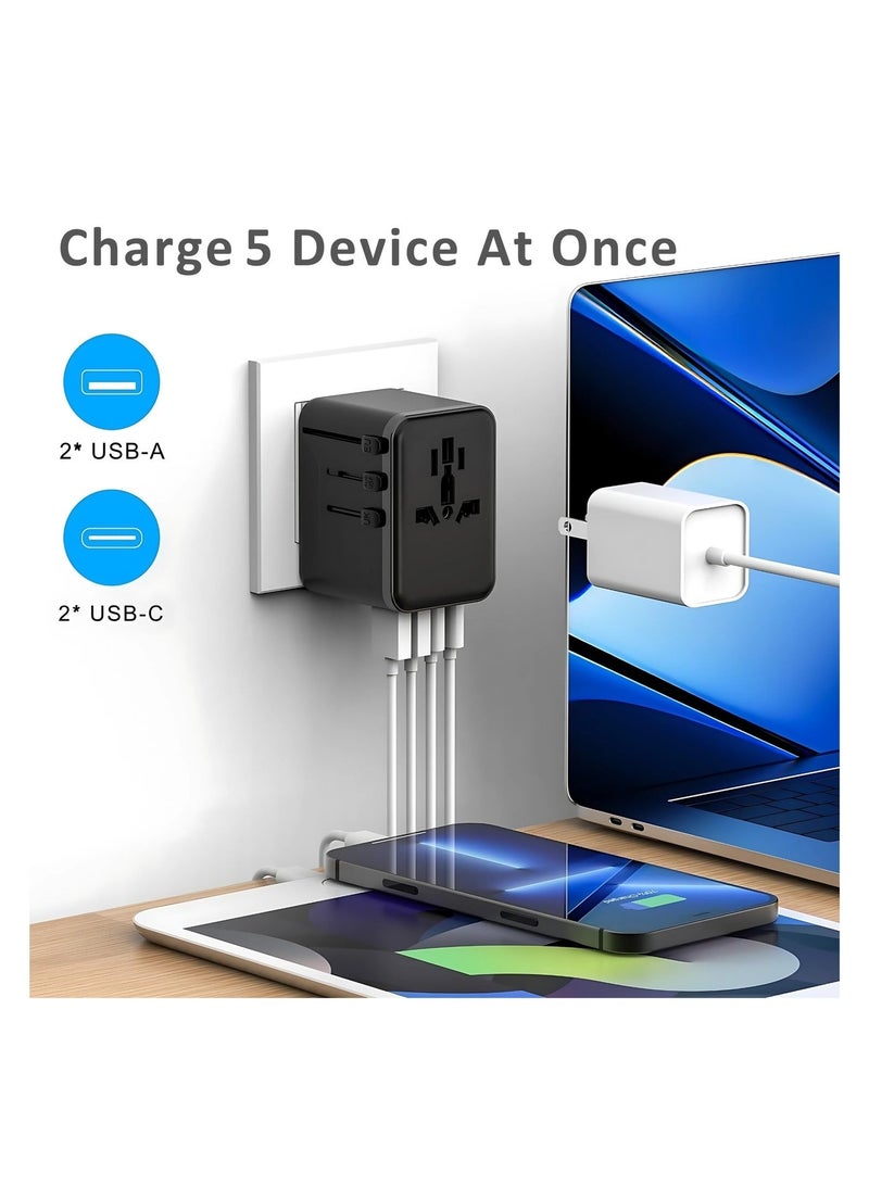 Bukela Universal Travel Adapter 5-in-1, Worldwide Plug with 2 USB-C & 2 USB-A Ports, 3.5A Fast Charger, Multi-Country Wall Charger for Europe UK USA Asia Australia - Black Power Adapter - Image 5