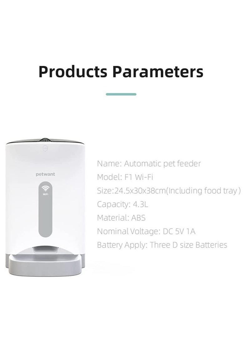 Petwant - 4.3L Smart Pet Feeder, F1 Wi-Fi Enabled App Control Automatic Food Dispenser with Portion Control, Distribution Alarms, 10s Voice Recorder, 4 Meals per Day for Cats and Dogs - Image 1