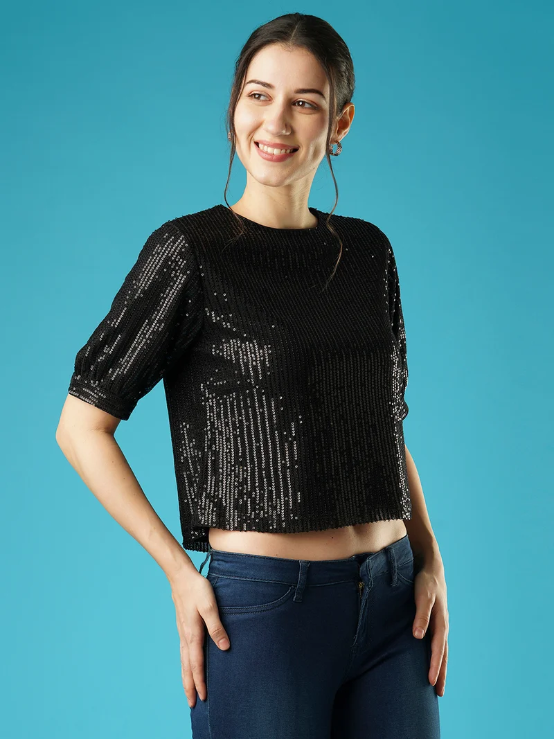 globus Globus Women Round Neck Puff Sleeves Sequined Party Top