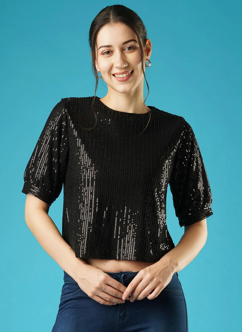 Globus Globus Women's Black Sequinned Stripes Round Neck Party Top