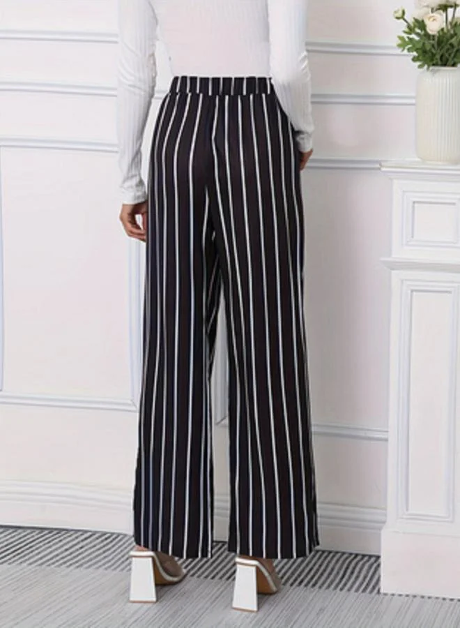 Take Two Monochrome Striped Elasticated Waistband Wide Leg Pants for Women | Best Price UAE