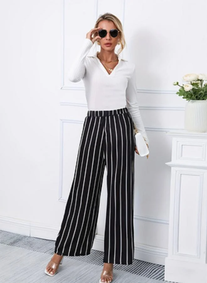 Take Two Monochrome Striped Elasticated Waistband Wide Leg Pants for Women | Best Price UAE