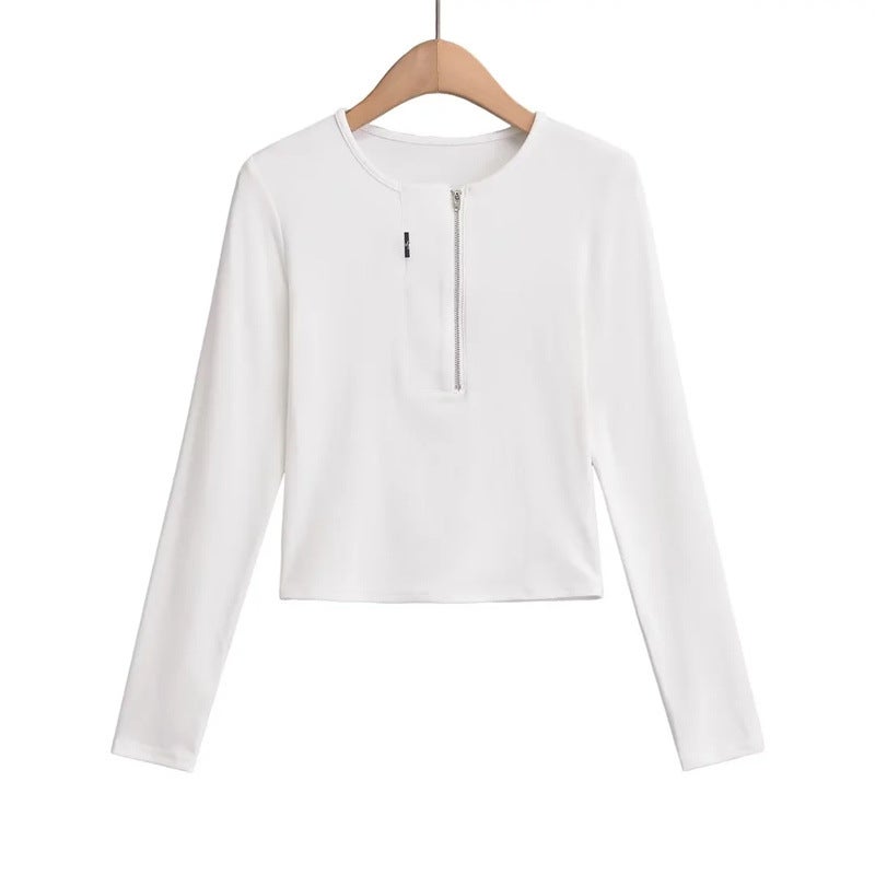 High Street American Style Wide Placket Small Label Zipper Long-Sleeved T-Shirt Autumn New Style Girl Street Pat Slim-Fit Short Top Trendy - Image 5