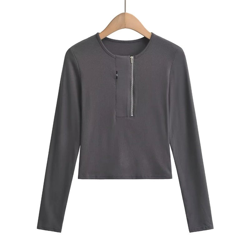 High Street American Style Wide Placket Small Label Zipper Long-Sleeved T-Shirt Autumn New Style Girl Street Pat Slim-Fit Short Top Trendy - Image 3