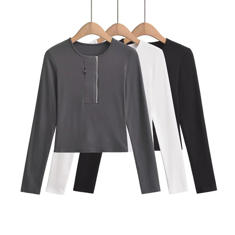 High Street American Style Wide Placket Small Label Zipper Long-Sleeved T-Shirt Autumn New Style Girl Street Pat Slim-Fit Short Top Trendy - Image 2