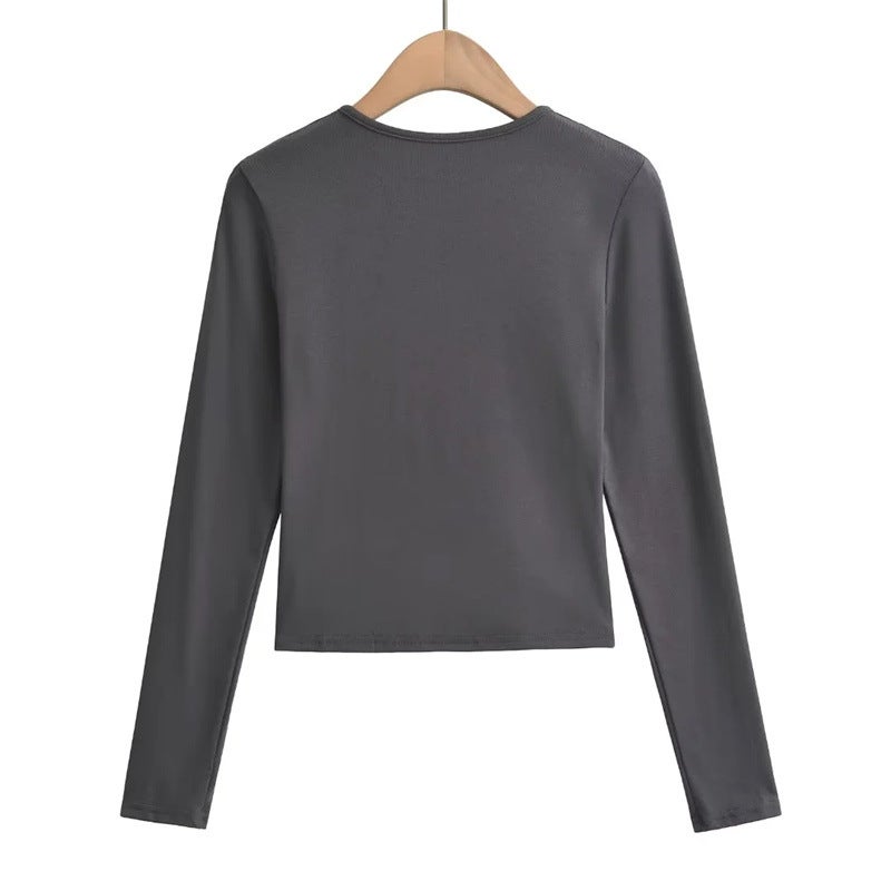High Street American Style Wide Placket Small Label Zipper Long-Sleeved T-Shirt Autumn New Style Girl Street Pat Slim-Fit Short Top Trendy - Image 4