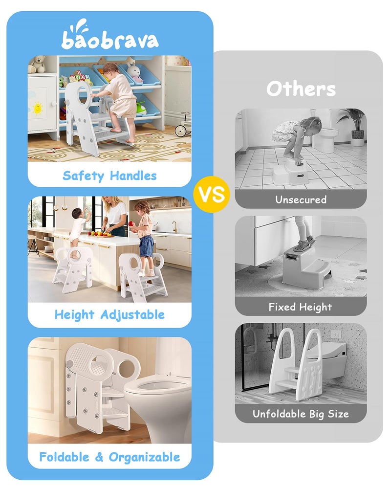 Baobrava Foldable Step Stool for Toddlers, Adjustable 3 Step Stool for Bathroom Sink, Toilet Potty Training Stool with Handles, Child Kitchen Counter Bedroom Bed Stool Helper - Image 2