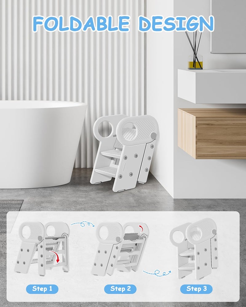 Baobrava Foldable Step Stool for Toddlers, Adjustable 3 Step Stool for Bathroom Sink, Toilet Potty Training Stool with Handles, Child Kitchen Counter Bedroom Bed Stool Helper - Image 4