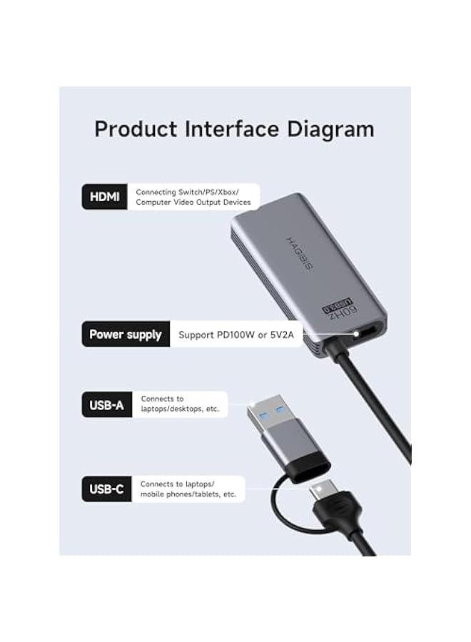 USB3.0 Video Capture Card with 100W PD HDMI to USB/USB C 1080P HD 60fps Live and Record Video Audio Game MS2130 for Quest 3 VR Switch PS4/5 Live Broadcast, Gaming, Streaming (UHC07P)  - Image 5