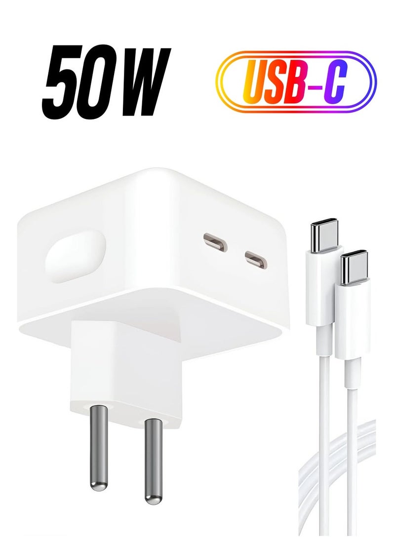 Raxoom PD 50W Dual USB-C Charger with 2m Type-C Cable â€“ Fast Charging for iPhone 16 Pro Max - Image 1