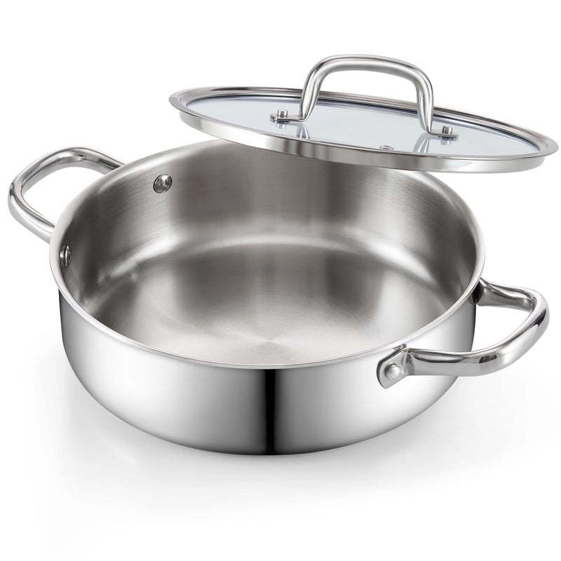 Cook N Home 4 Quart Stainless Steel Saute Pan 3 Ply Clad Stainless Deep Frying Pan with Lid 105 Inch Induction Skillet Pan Dishwasher and OvenSafe Silve