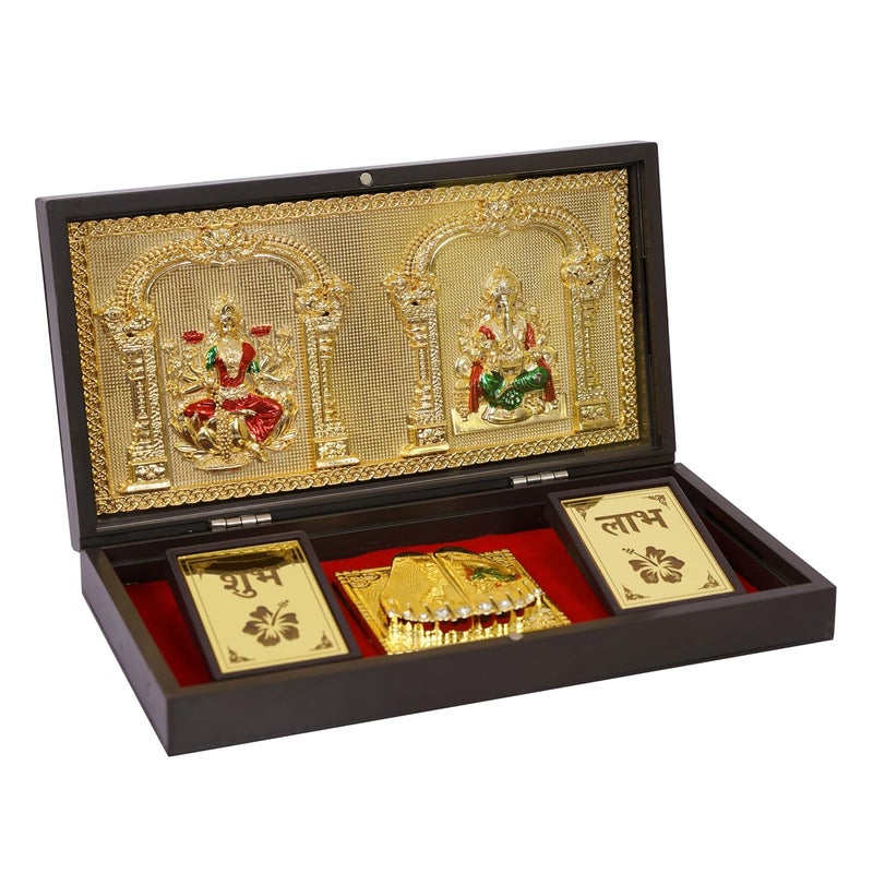 NAITIK CREATION New 2024 Gold Plated Laxmi Ganesh Photo Frame with Charan Paduka Gift Box Best Diwali Gift Tabletop Pocket Temple for House Warming Return Corporate Gifts - Image 1