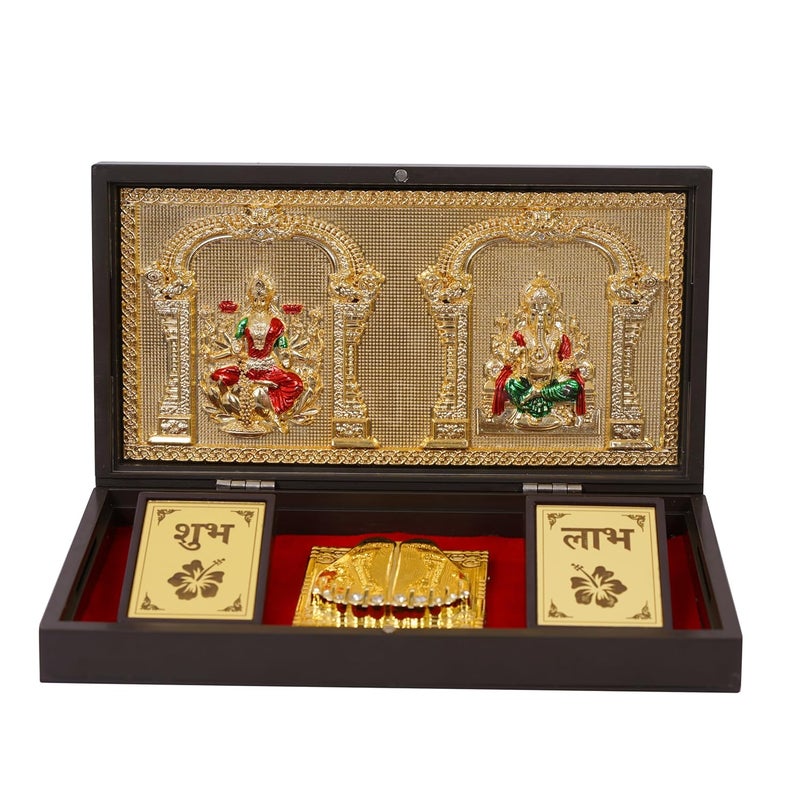 NAITIK CREATION New 2024 Gold Plated Laxmi Ganesh Photo Frame with Charan Paduka Gift Box Best Diwali Gift Tabletop Pocket Temple for House Warming Return Corporate Gifts - Image 3
