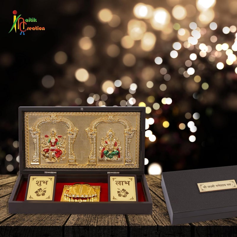 NAITIK CREATION New 2024 Gold Plated Laxmi Ganesh Photo Frame with Charan Paduka Gift Box Best Diwali Gift Tabletop Pocket Temple for House Warming Return Corporate Gifts - Image 4