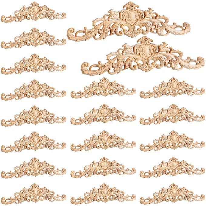 20 PCS LONG WOODEN CARVED APPLIQUES ONLAYS APPLIQUES FOR FURNITURE CARVED DIY DECORATIVE WOOD CARVING DECALS FOR WALL CUPBOARD DOOR BED CABINET DOOR DECORRUSTIC