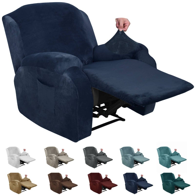 MAXIJIN Velvet 4 Piece Recliner Cover Stretch Plush Soft Cover for Recliner Chair Thick Soft Recliner Chair Slipcover Separate Chair Cover for Recliner with Side Pocket Recliner Navy Blue