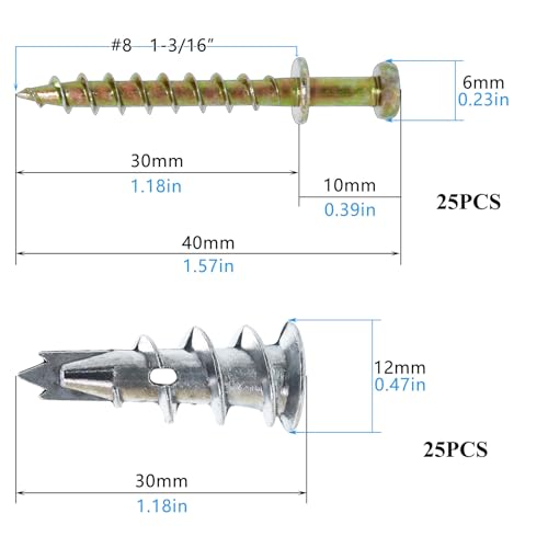 Ansoon Self-Drilling Drywall Zinc Anchors with Screws Kit - 25 Drywall Wall Anchor, 25 Gold Bear Claw Double-Headed Wall Picture Hanging Screws for D-Rings, Sawtooth, Wire and Keyholes - Image 2
