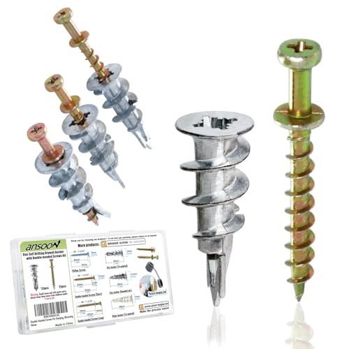 Ansoon Self-Drilling Drywall Zinc Anchors with Screws Kit - 25 Drywall Wall Anchor, 25 Gold Bear Claw Double-Headed Wall Picture Hanging Screws for D-Rings, Sawtooth, Wire and Keyholes - Image 1