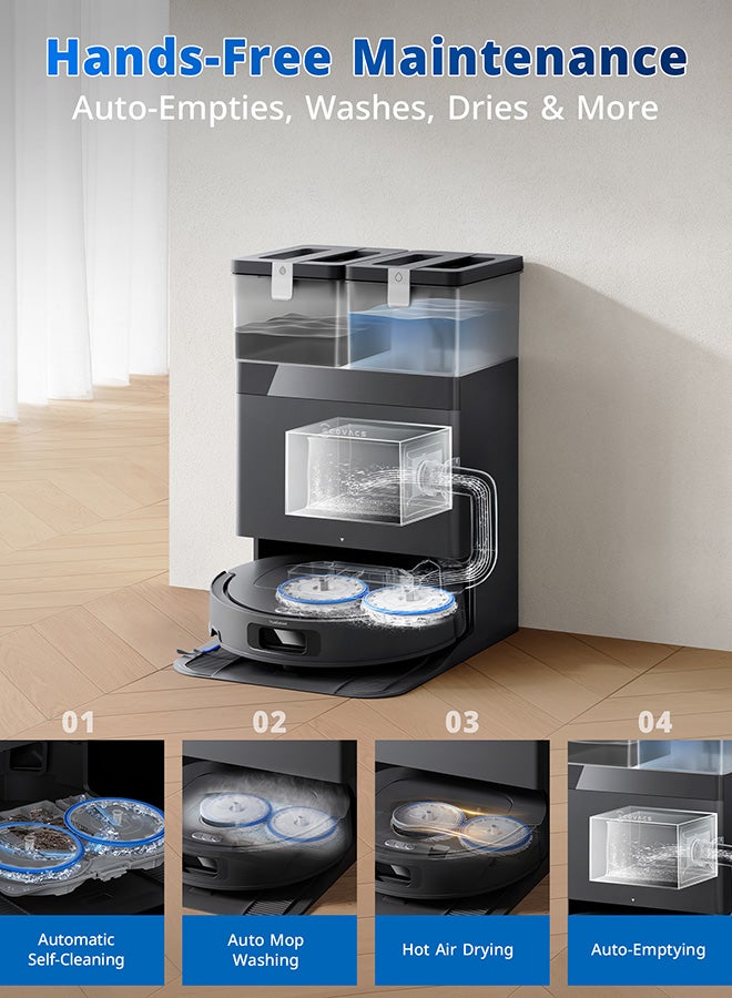 إيكوفاكس مكنسة روبوت ذكية مع ممسحة ECOVACS DEEBOT T30C Prime OMNI، قوة شفط 20000 باسكال، تنظيف ومسح الأرضيات، تقنية منع تشابك الشعر ZeroTangle 3.0، كشف العوائق ثلاثي الأبعاد TrueDetect 3D، تجفيف تلقائي بالهواء الساخن 45°م، تنظيف ذاتي، رفع تلقائي للممسحة، لون أسود 2000 W 110-F008-0104 أسود - Image 5