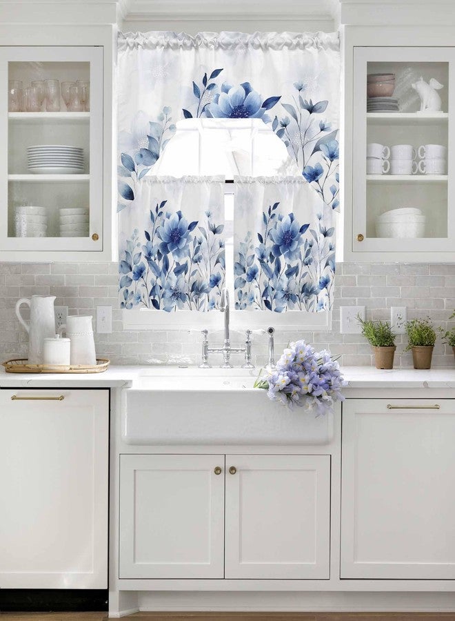 Litter Star Tier and Swag Window Curtain Set,Summer Watercolor Blue Flowers Kitchen Valance Tier Curtains 3 Pieces Set,Summer Natural Plants Rod Pocket Valances Window Treatment for Living Room Bedroom - Image 3