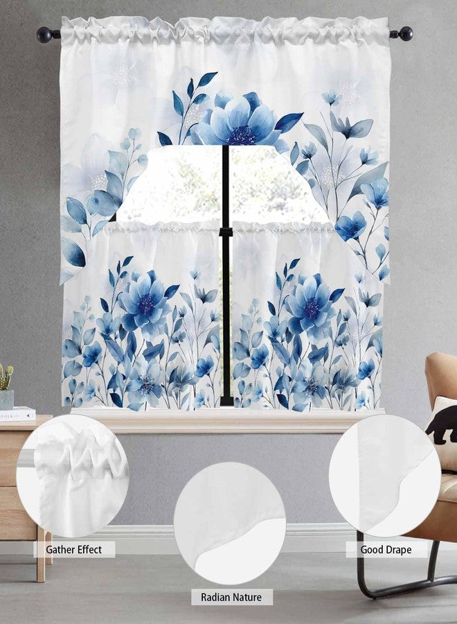 Litter Star Tier and Swag Window Curtain Set,Summer Watercolor Blue Flowers Kitchen Valance Tier Curtains 3 Pieces Set,Summer Natural Plants Rod Pocket Valances Window Treatment for Living Room Bedroom - Image 2