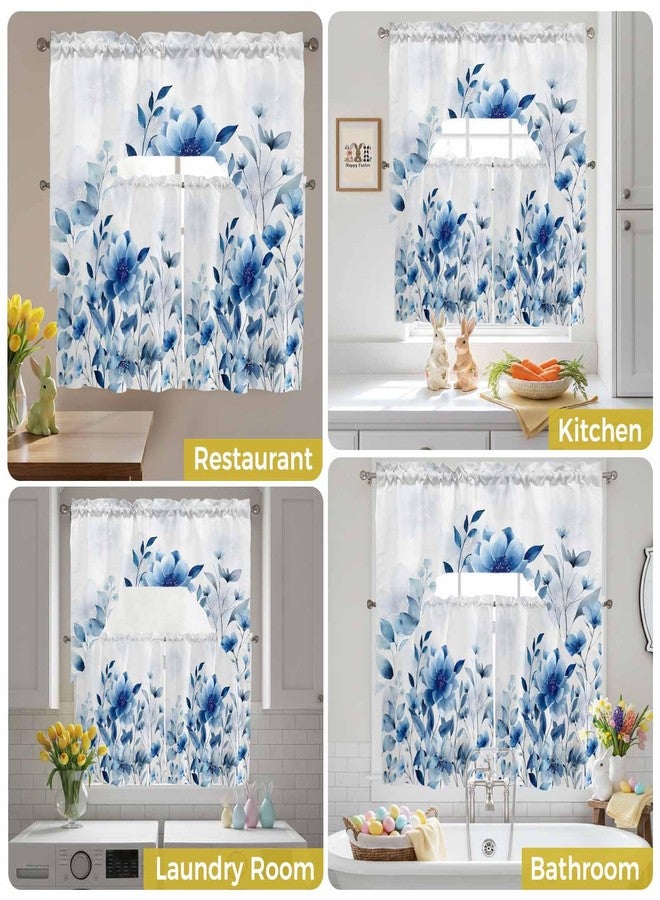Litter Star Tier and Swag Window Curtain Set,Summer Watercolor Blue Flowers Kitchen Valance Tier Curtains 3 Pieces Set,Summer Natural Plants Rod Pocket Valances Window Treatment for Living Room Bedroom - Image 5