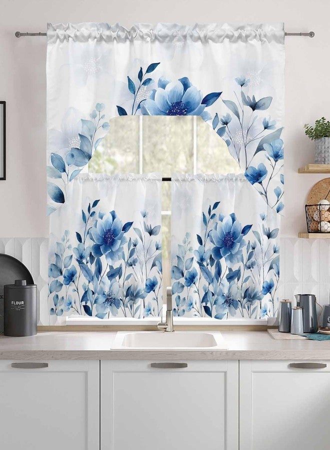 Litter Star Tier and Swag Window Curtain Set,Summer Watercolor Blue Flowers Kitchen Valance Tier Curtains 3 Pieces Set,Summer Natural Plants Rod Pocket Valances Window Treatment for Living Room Bedroom - Image 1