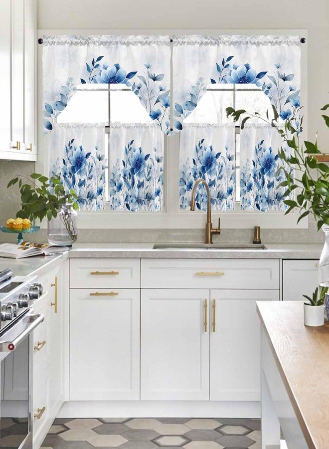 Litter Star Tier and Swag Window Curtain Set,Summer Watercolor Blue Flowers Kitchen Valance Tier Curtains 3 Pieces Set,Summer Natural Plants Rod Pocket Valances Window Treatment for Living Room Bedroom - Image 4