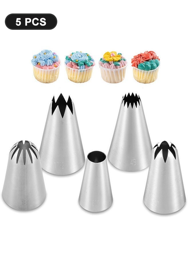 انت مجموعة من 5 قطع من أطراف الأنابيب الكبيرة، مجموعة أنابيب تزيين من الفولاذ المقاوم للصدأ، أطراف تزيين الكيك وأدوات الخبز للبسكويت ومجموعة تزيين الكب كيك (1E، 347، FX-4B، 1732، 607) - Image 1