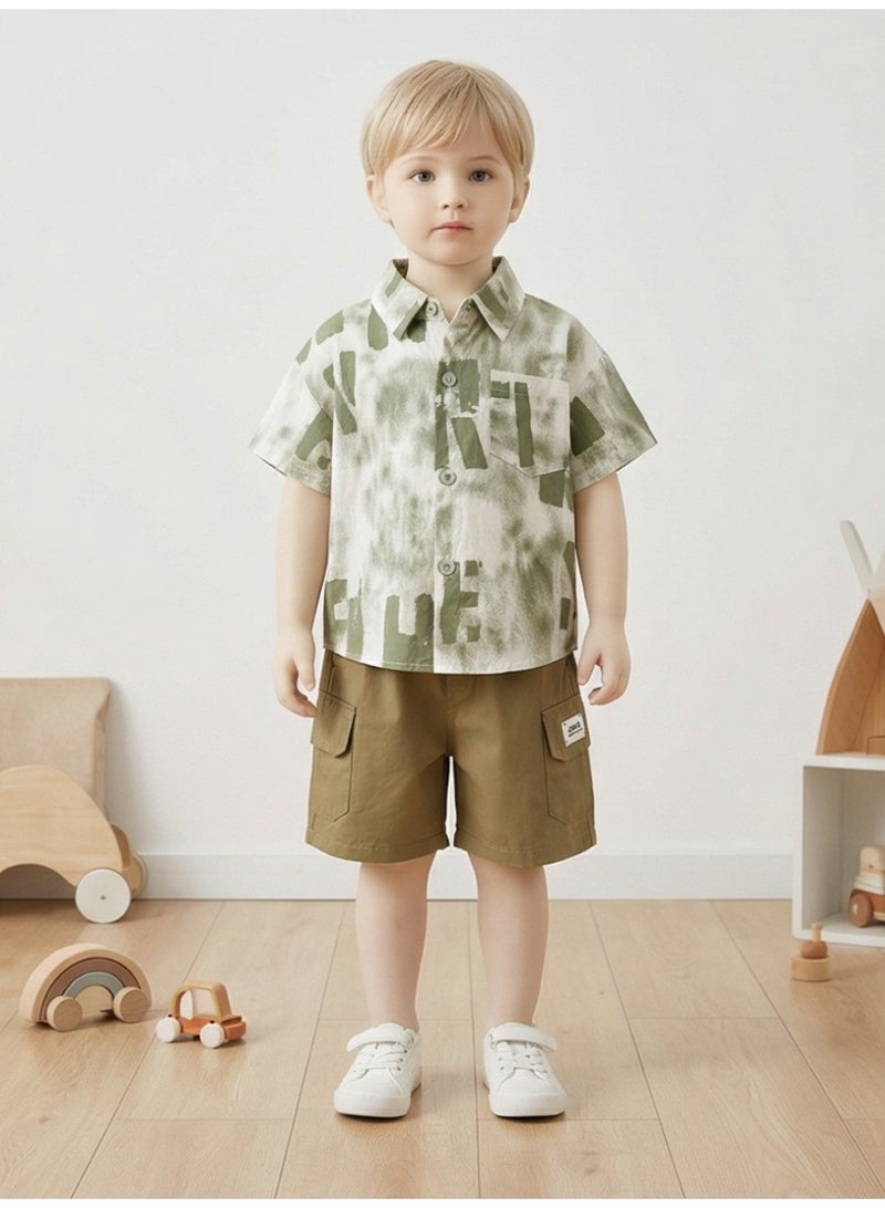 Baby Boys' Stylish Summer Outfit Set Abstract Printed Short-Sleeve Shirt + Olive Green Casual Shorts 2-Piece Set - Image 4