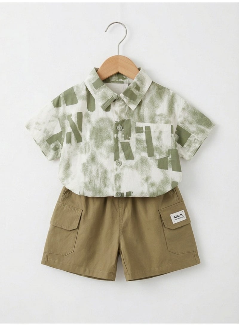 Baby Boys' Stylish Summer Outfit Set Abstract Printed Short-Sleeve Shirt + Olive Green Casual Shorts 2-Piece Set - Image 5