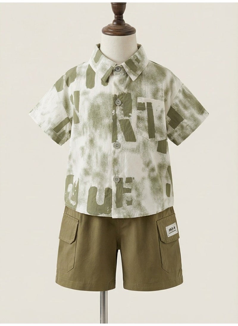 Baby Boys' Stylish Summer Outfit Set Abstract Printed Short-Sleeve Shirt + Olive Green Casual Shorts 2-Piece Set - Image 2