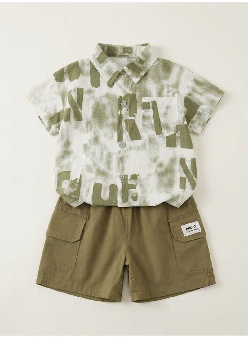 Baby Boys' Stylish Summer Outfit Set Abstract Printed Short-Sleeve Shirt + Olive Green Casual Shorts 2-Piece Set - Image 3