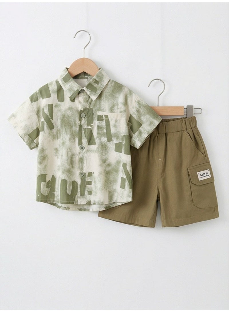 Baby Boys' Stylish Summer Outfit Set Abstract Printed Short-Sleeve Shirt + Olive Green Casual Shorts 2-Piece Set - Image 1