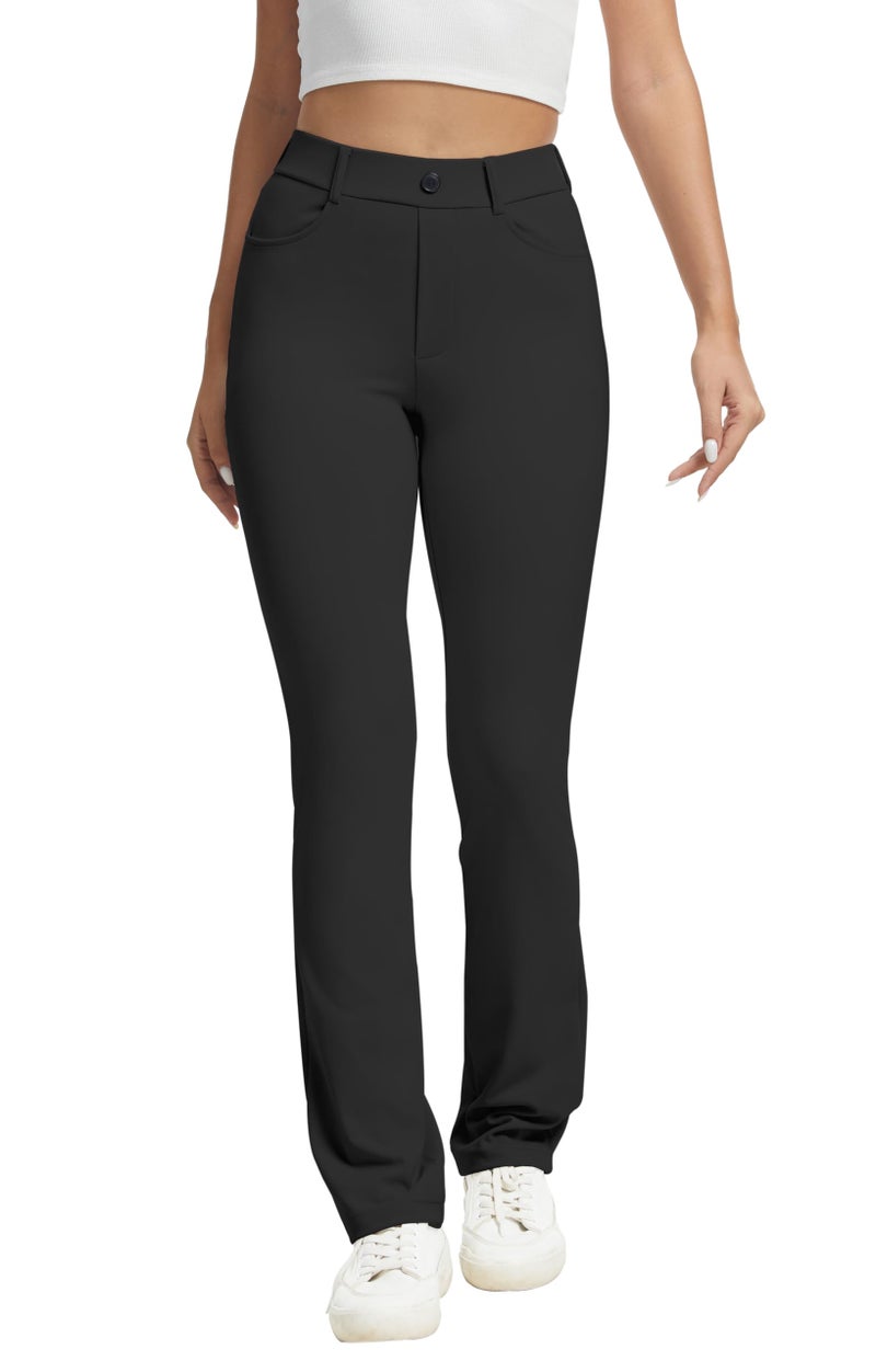 VIMPEP Yoga Pants Women Straight Leg Pants with Pockets High Waist Stretchy Pull On Dress Slacks for Casual Lounge Office Work Petite/Regular 1202 33 Black L - Image 1