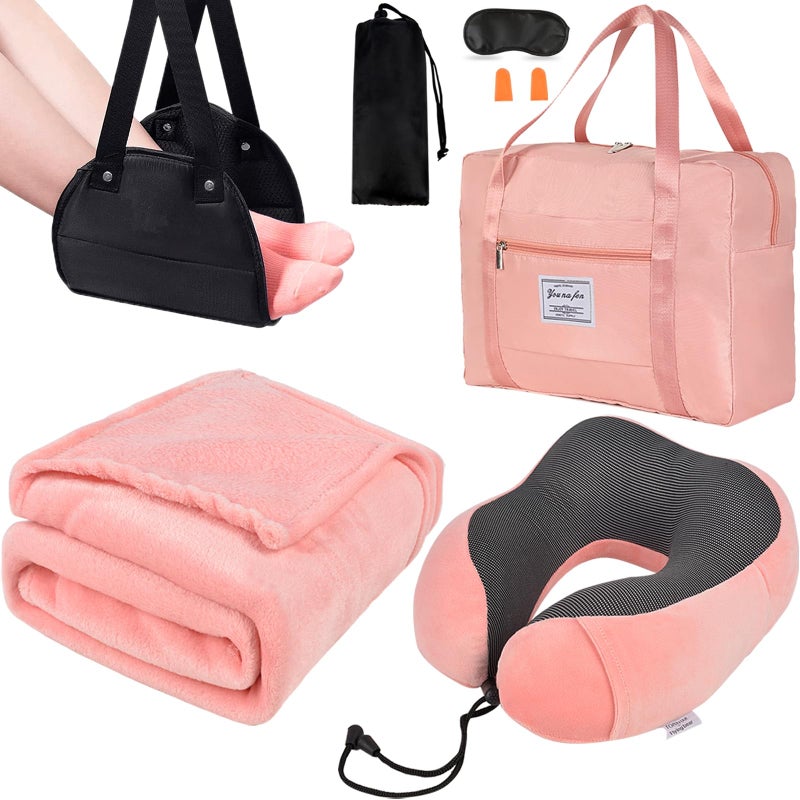 Travel Pillow and Blanket Set  Foot Rest Memory Foam Neck Pillow Airplane Blanket  Airplane Foot Hammock  Foldable Duffel Bag Eye Mask  Earplugs Portable Travel Accessories Essentials Pink
