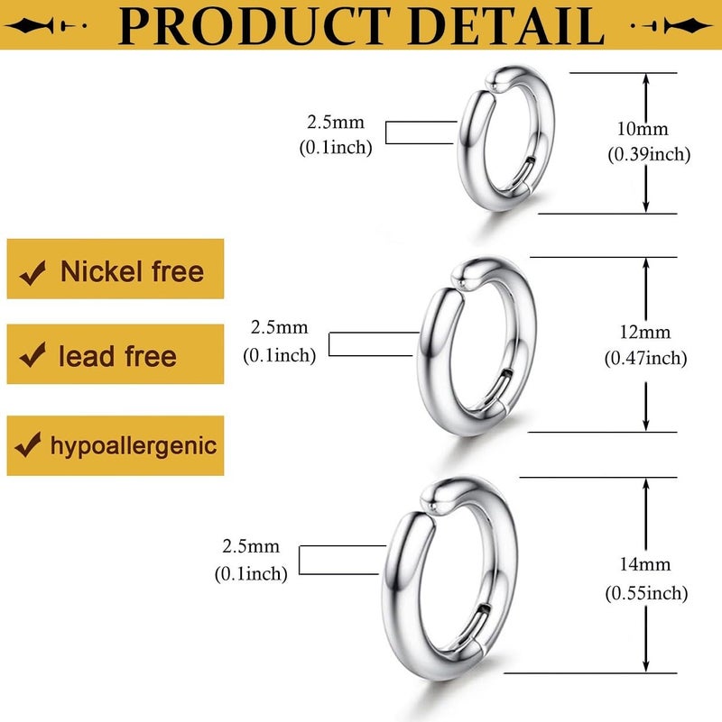 SIISPRI 3 Pairs Clip On Huggie Earrings for Men Women, Unisex Surgical Stainless Steel Hypoallergenic Earrings,Small Hoop Earrings, Polished for Non Pierced Earrings (Silver) - Image 3