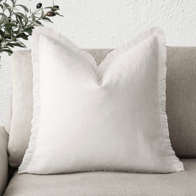 Foindtower Foindtower Decorative Linen Fringe Throw Pillow Covers Cozy Boho Farmhouse Cushion Cover with Tassels Soft Accent Pillowcase for Chair Sofa Bed Living Room Home Decor  24?24 Inch  1PC  Cream White  - Image 1