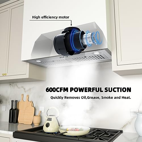 FIREGAS Range Hood Insert 30 inch, Built-in Kitchen Hood with 600 CFM, Ducted/Ductless Convertible Kitchen Vent Hood, Stainless Steel Stove Hood with Push Button, Baffle Filters and Charcoal Filters - Image 2