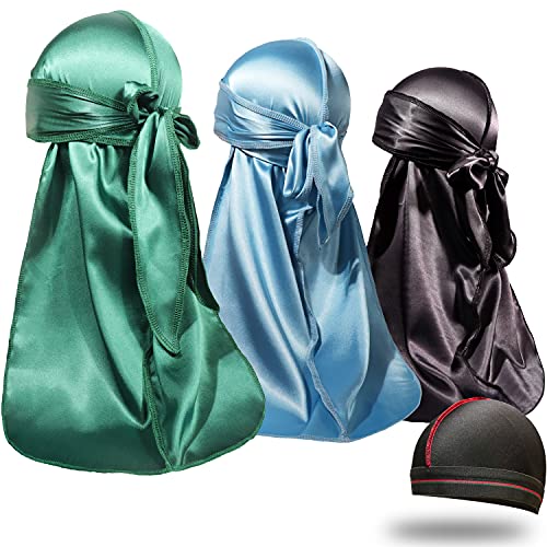 ForceWave 3 Pieces Silky Durags and 1 Wave Cap Pack for Men Waves, Moisture-Tech Fabric Satin Du-Rag - Image 1