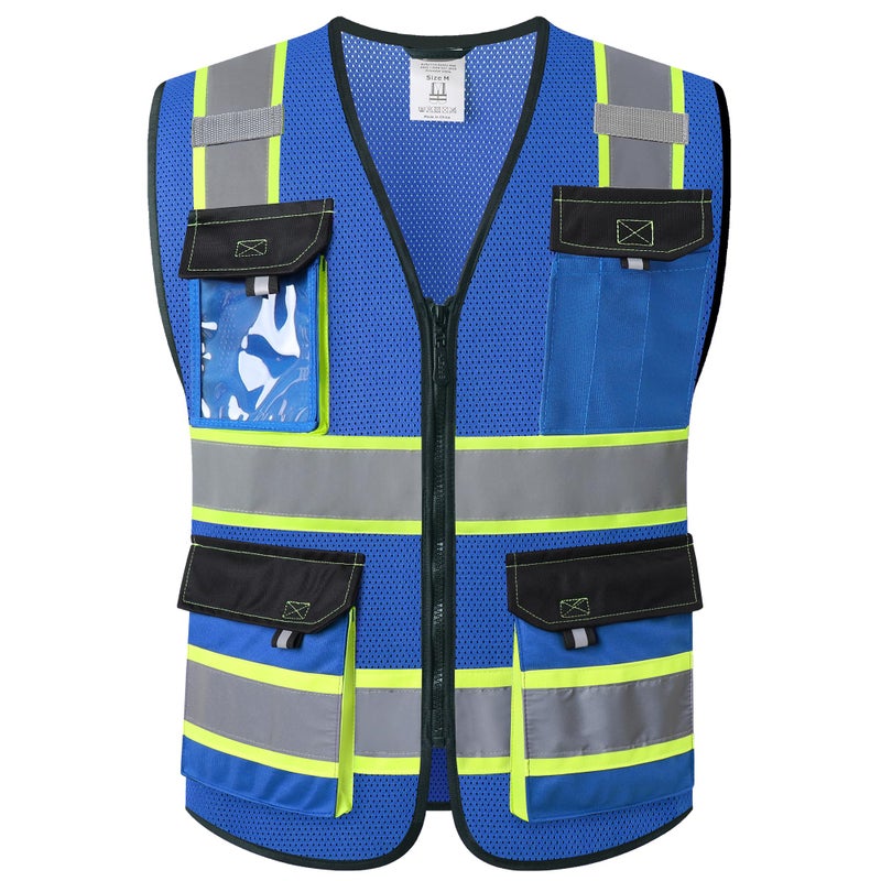 JKSafety Hi Vis Reflective Safety Vests for Men Women High Visibility Vest with Pockets Mesh Fabric Construction Safety Apparel Neon Vest for Work (220-Blue L) - Image 1