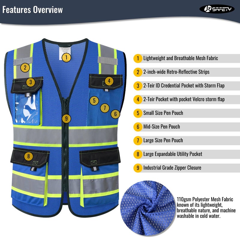 JKSafety Hi Vis Reflective Safety Vests for Men Women High Visibility Vest with Pockets Mesh Fabric Construction Safety Apparel Neon Vest for Work (220-Blue L) - Image 4