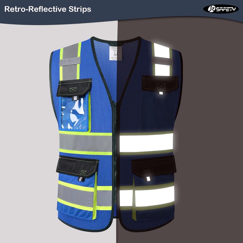 JKSafety Hi Vis Reflective Safety Vests for Men Women High Visibility Vest with Pockets Mesh Fabric Construction Safety Apparel Neon Vest for Work (220-Blue L) - Image 2